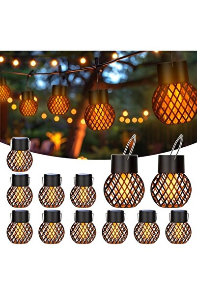 STARSTAR Hanging Solar Outdoor Lights - Flame Effect - Black - 12-Piece Set