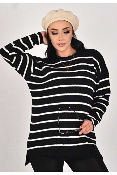 Love Benti Lovebenti Women's Striped Crew Neck Knit Sweater with Slit Detail