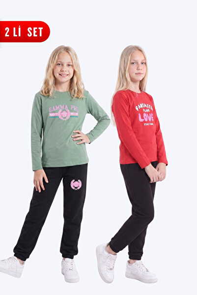 FYK KİDS Girl's 2-Piece Printed Long Sleeve Single Jersey Tracksuit Set