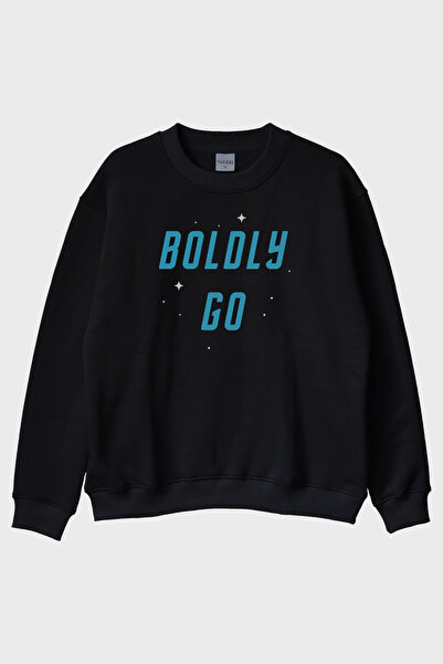 lofux Boldly Go Printed Space Themed Black Crew Neck Sweatshirt
