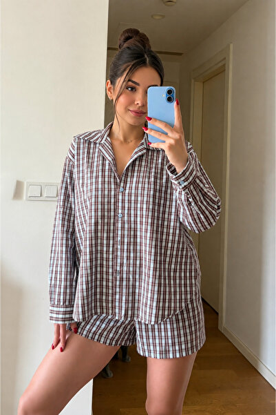 My Blog Brown Checkered Shirt Shorts Set - 7363