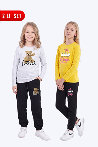 FYK KİDS Girl's 2-Piece Printed Long Sleeve Single Jersey Tracksuit Set