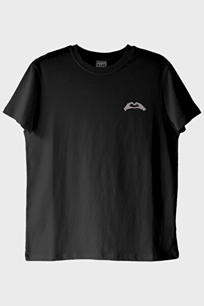 lofux Right Hand Heart Pattern Embroidered Black T-Shirt - Valentine's Day Co...