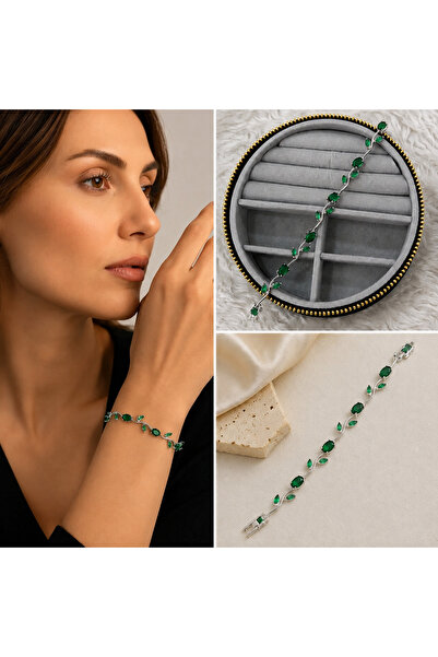 FM 💎   Premium Shiny Green Stone Leaf Detailed Elegant Women's Bijouterie Br...