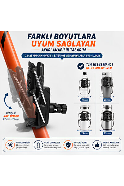 Dexmon Motosiklet ATV Bisiklet Scooter Şişe Termos Matara Suluk Gidon Tutacağı Aparatı 360° Ayarlanabilir Universal Tutucu