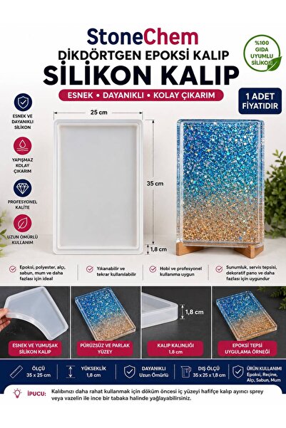 stonechem 35x25 cm Dikdörtgen Epoksi Tepsi Silikon Kalıp – Sunumluk, Servis T...