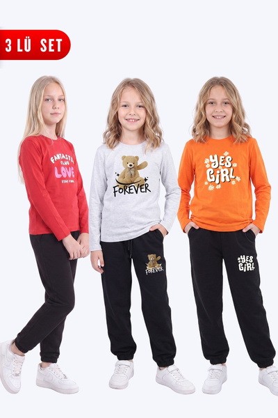 FYK KİDS Girl's 3-Piece Printed Long Sleeve Single Jersey Tracksuit Set