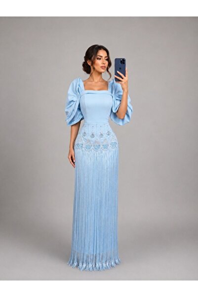 ranin Blue Barbie Evening Dress with Hand Embroidery Haleb