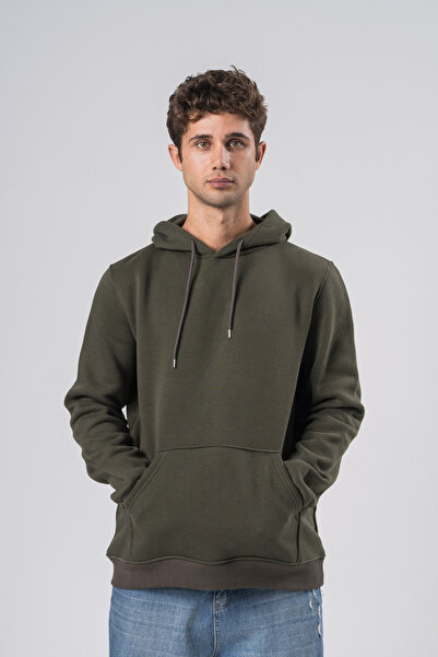Erkek Haki 3 İplik Şardonlu Oversize Kapüşonlu Sweatshirt Yumuşak Dokulu