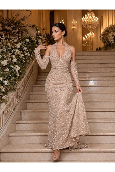 ranin Brown Evening Dress Kefal Embroidery Beading