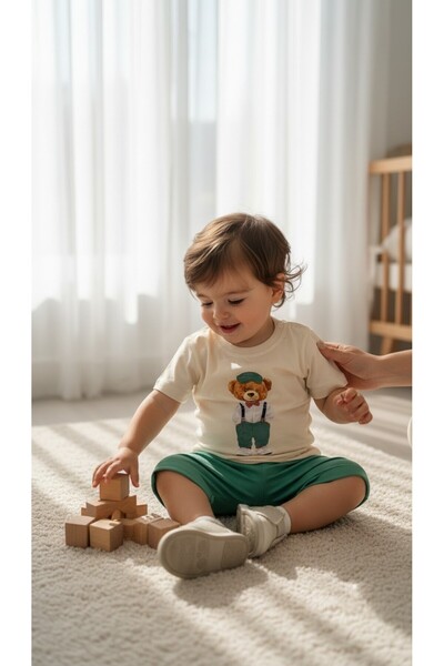 Erkek Bebek Ayıcık Baskılı 2'li Takım Kısa Kollu Tişört Şort Yazlık Pamuklu Bebek Takımı 6-9 Ay 9-12 Ay 12-18 Ay