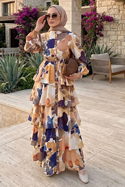 Neva Style Rochie Hijab cu volane în straturi, albastru marin, modal, cu impr...