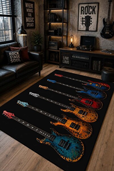 Serteks Vintage Elektro Gitar Desenli Baskılı Kaymaz Yıkanabilir Balkon Salon...