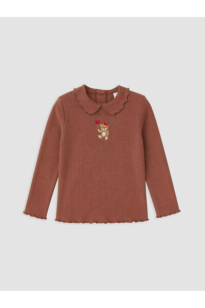 LC Waikiki Vizyon New Season Brown Baby Collar Embroidered Girls' T-Shirt