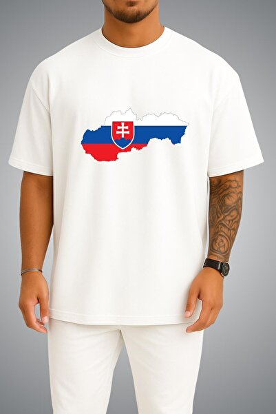 Bahriyeli Collection Oversize Slovakia Flag and Map Chest Printed Unisex T-Shirt