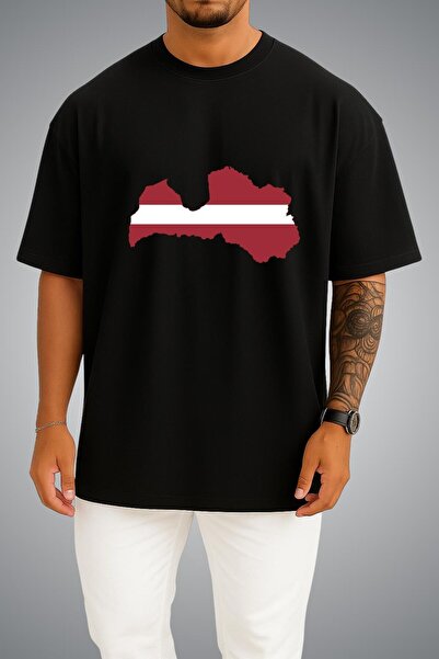 Bahriyeli Collection Oversize Latvia Flag and Map Chest Printed Unisex T-Shirt