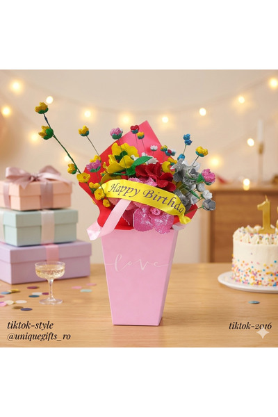 Generic Brand Aranjament Floral Handmade in cutie roz "love" Flori sclipitoar...