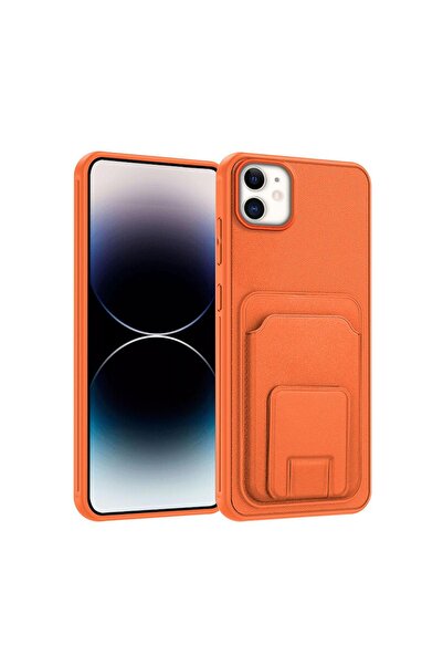Zebana Apple iPhone 11 Uyumlu Kılıf FlexStand Kartlıklı Silikon Kılıf Turuncu