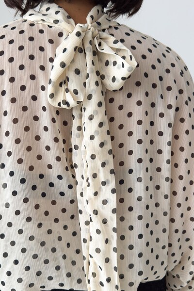 CrepTekstil Crep Women's Polka Dot Chiffon Blouse with Scarf Collar and Balloon Sleeves