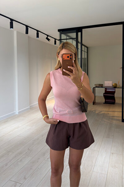 Sezgi Tekin Crew Neck Sleeveless Pink Slim Knitwear Blouse