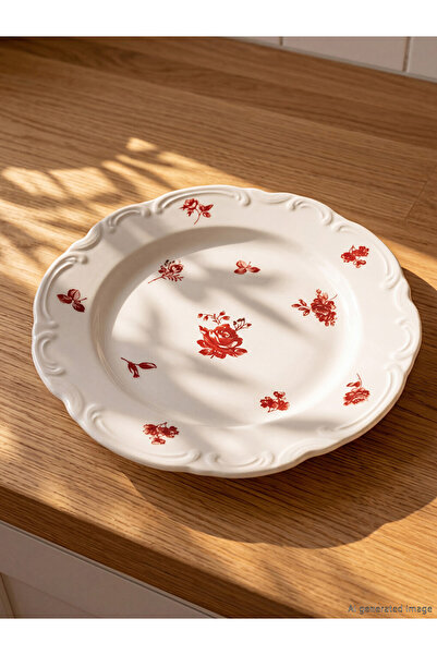 LC Waikiki Rmz Gi̇yi̇m Farkiyla Flower Embroidered Porcelain Cake Plate