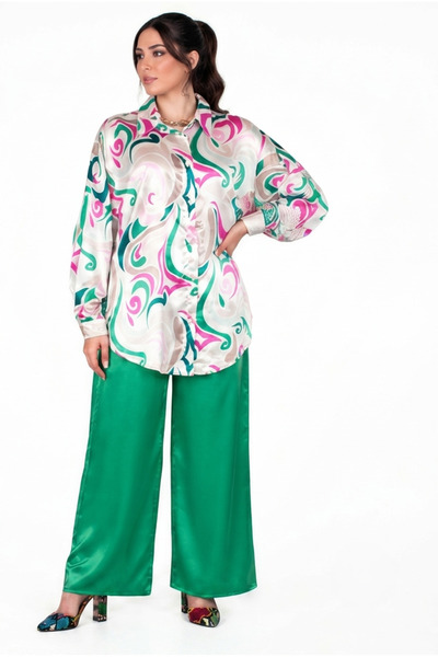 MQ High Quality Women's Satin 2 Piece Set (Modern Patterned Shirt + Trousers) - Turkish Made. Summer. Work, Graduation, Visiting, University, Travel.