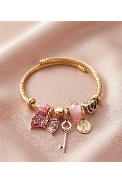 VLDORO Pink Ribbon Steel Charm Bracelet