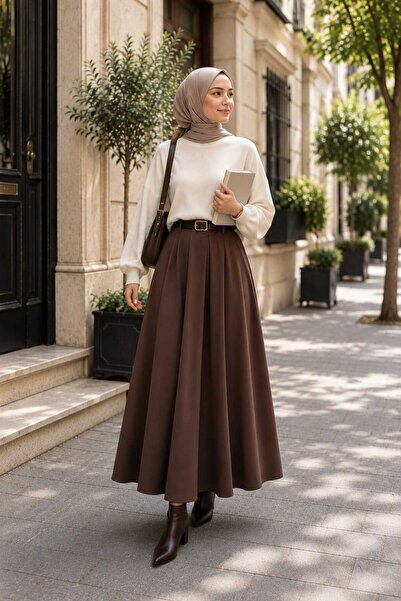 Lavanta Tekstil Fusta lungă plisată cu centură, stil hijab