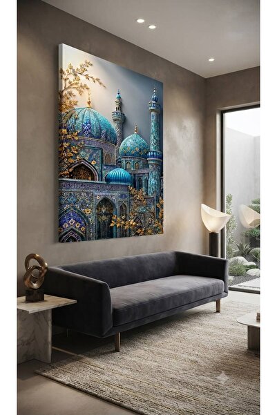 zeyrada Premium Modern Dekorasyon Kanvas Tablo Mavi Çini İşlemeli Cami, Minar...