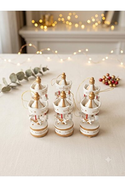 HERBALACCESSORY 🎪 6'lı Ahşap Vintage Atlıkarınca Süsü Seti - Beyaz & Altın D...