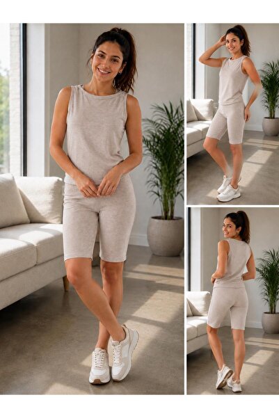 MİLYA&GYM Women's Cotton Camisole Ribbed Fabric Top-Bottom Crewneck Tank Top Set