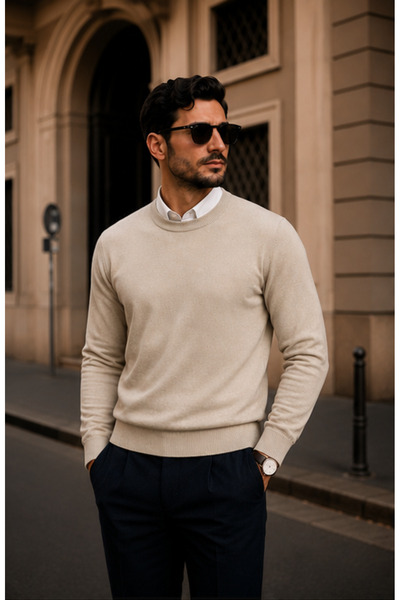 comstar Men's Casual Crew Neck Cream Sweater