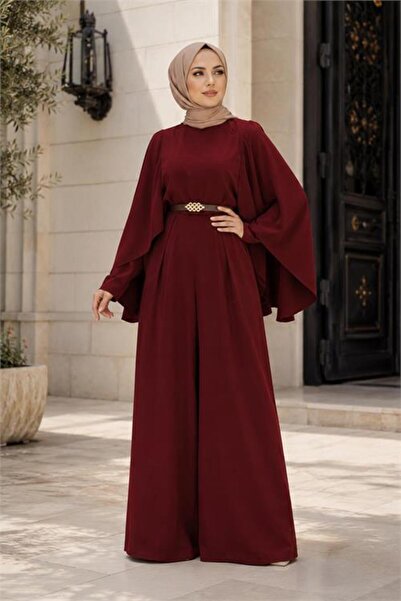 Neşeli Butik Women's Burgundy Gold Belt Detailed Crepe Hijab Jumpsuit with De...