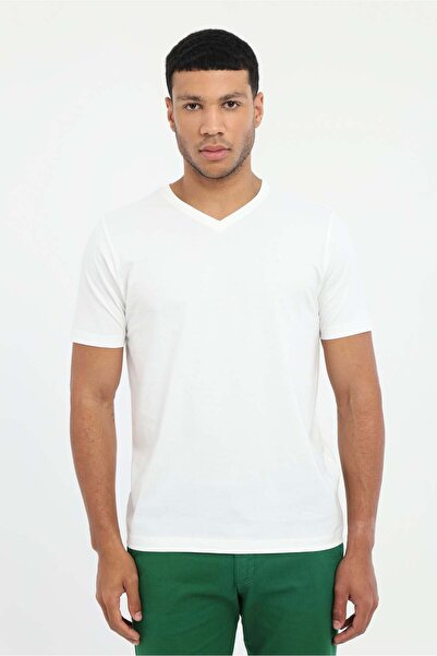 Dufy Erkek Slim Fit V Yaka Beyaz T-Shirt