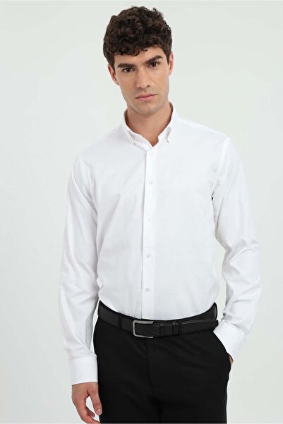 Dufy Men's Regular Fit Button-Down Collar Long Sleeve White Shirt