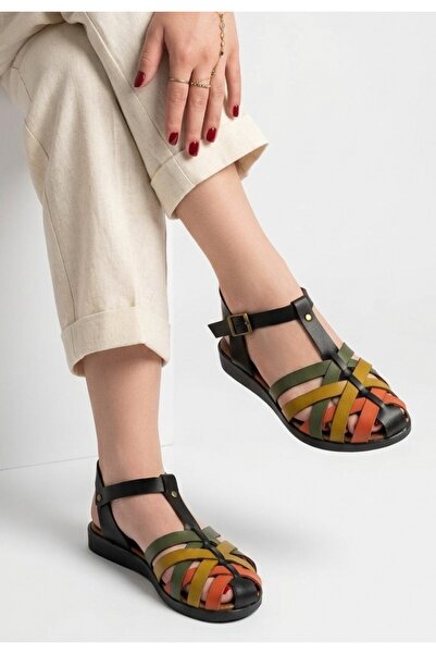 ALFA AKSESUAR 03 Woji Black Genuine Leather Belted Sandals