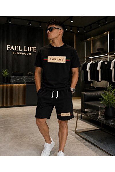 FAEL LİFE طقم تي شيرت وشورت واسع للجنسين مطبوع بشريط