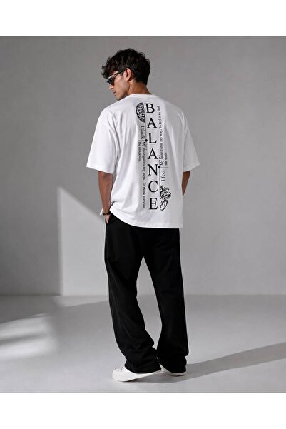 khufu White Crew Neck Oversize Fit Cotton Balance Back Print Detailed Relaxed...