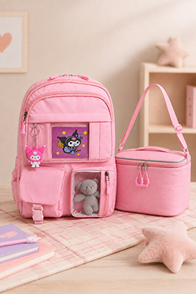 Catwins Girl's Pink Kuromi 2-Piece School Bag Set with Accessories - Backpack...