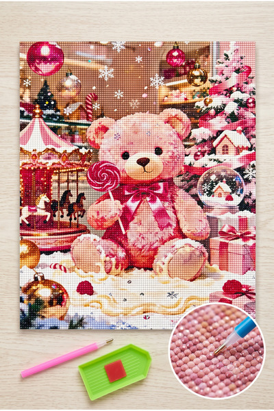 LİVA CRAFT Art & Craft Diamond Mosaic Painting, 50X65Cm Pink Candy Teddy Bear...