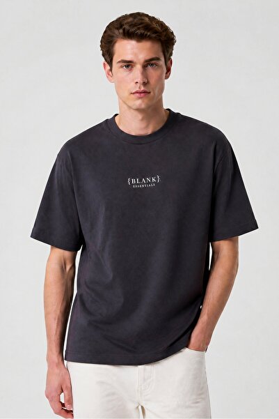 BLANK ESSENTIALS Men Crew Neck Short Sleeve Brand Logo T-Shirt, Dark Grey