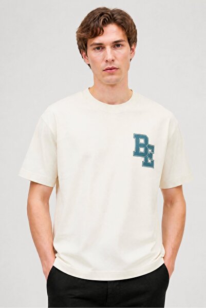 BLANK ESSENTIALS Men Crew Neck Short Sleeve Graphic Print T-Shirt, Cream