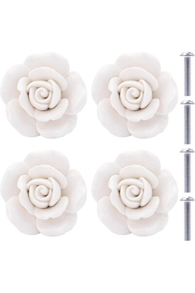 STARSTAR 4 Pcs 41x34mm White Flower-Shaped Ceramic Drawer Knobs, Cute Rose De...