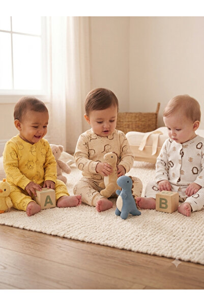 Noone Cotton Patterned 3-Piece Baby Romper Set (Chick, Dinosaur, Penguin Patt...