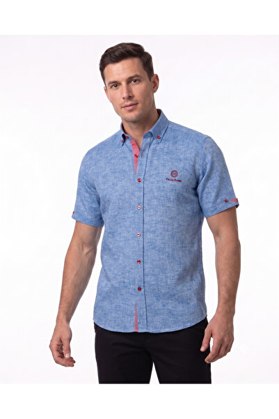 OSCAR BANKS Men's Blue 100% Linen Short Sleeve Summer Shirt