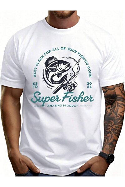 LİNA06 Men's% Cotton Fishing-Shirt Retro Rod & Reel Graphic Short Sleeve Top,...