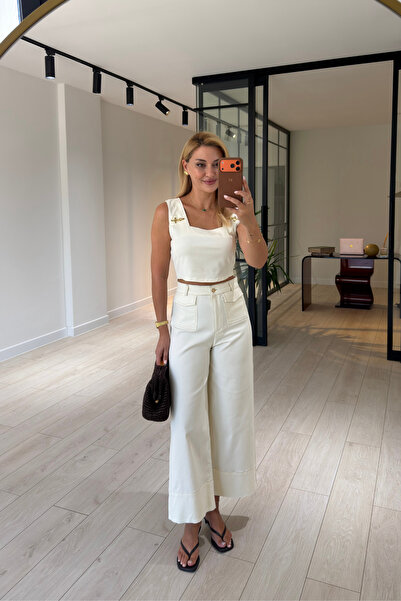 Sezgi Tekin Kapak Pocket Detail Ecru Lycra Trousers