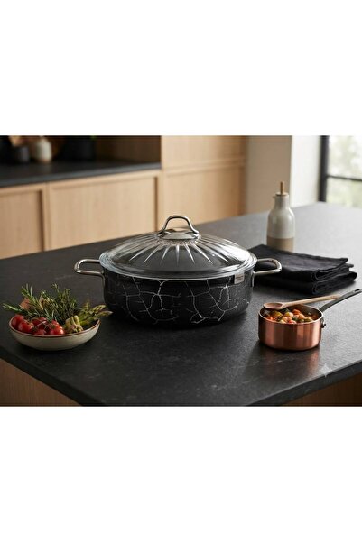 SARA Granite Fireproof Non-Stick Flat Pot 26 cm / Black Marble Patterned Cass...