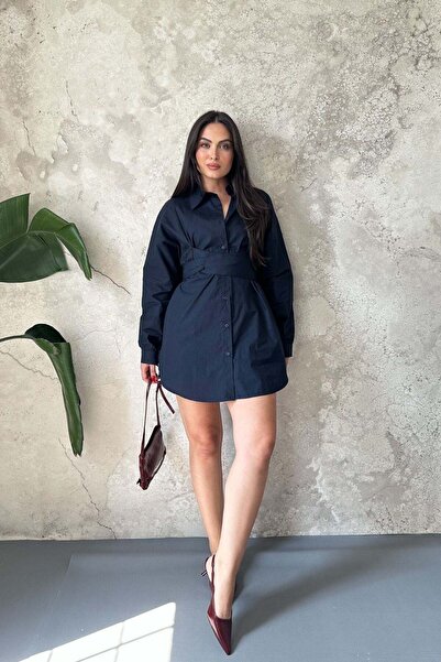 Elbee Fashion Woman طقم مزدوج باللون الأزرق الداكن مع حزام عند الخصر