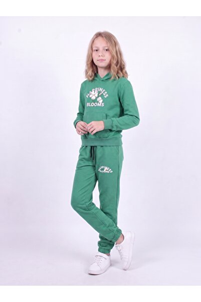 FYK KİDS Girl's Printed Kangaroo Pocket Hooded Tracksuit Set